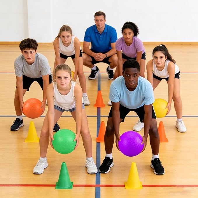 Huaerle 18 Pcs Sports Kickball Set Includes 2 Playground Ball with Air Pump 4 Rubber Throw Down Bases 10 Foul Line Cones and a Flip Scoreboard for Boys Girls Adults Playground School Backyard