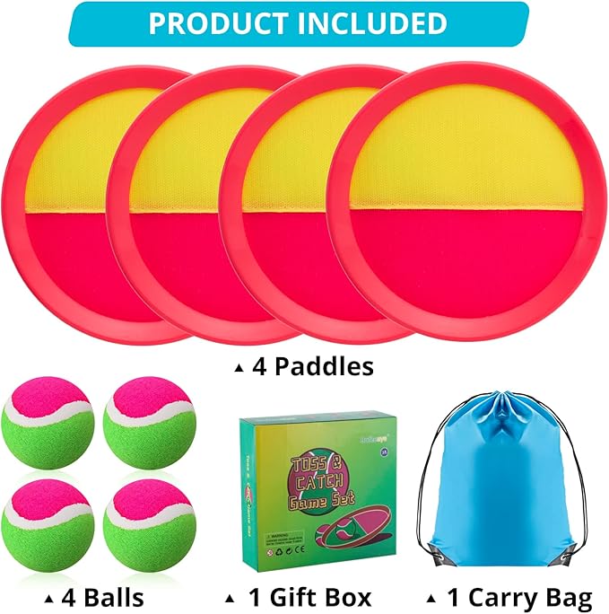 Beach Games, Outdoor Toys for Kids Ages 4-8, Toss and Catch Ball Set, with 4 Paddles 3 Balls, and 1 Storage Bag, Beach Toys Easter Gifts for Kids