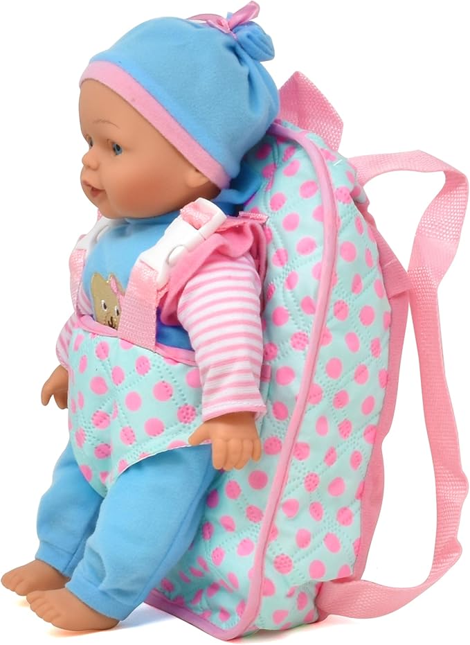 13in Soft Baby Doll with Take Along Pink Backpack Carrier, Briefcase Pocket Fits Accessories and Clothing