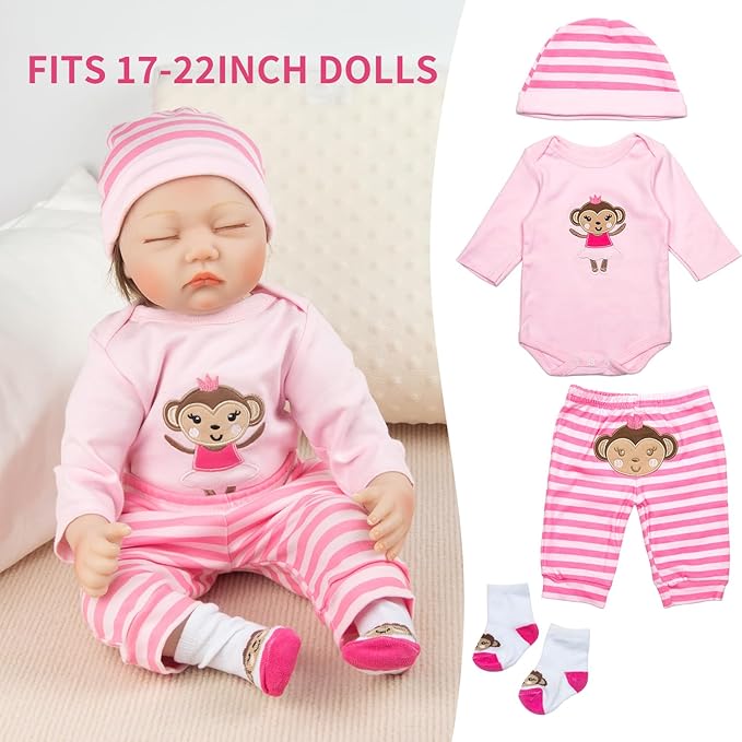 8-Pieces Reborn Baby Doll Clothes with Bassinet for 17-22 Inches Baby Dolls Pink Monkey Pattern Dolls Clothes Outfits Accessories Newborn Baby Girl