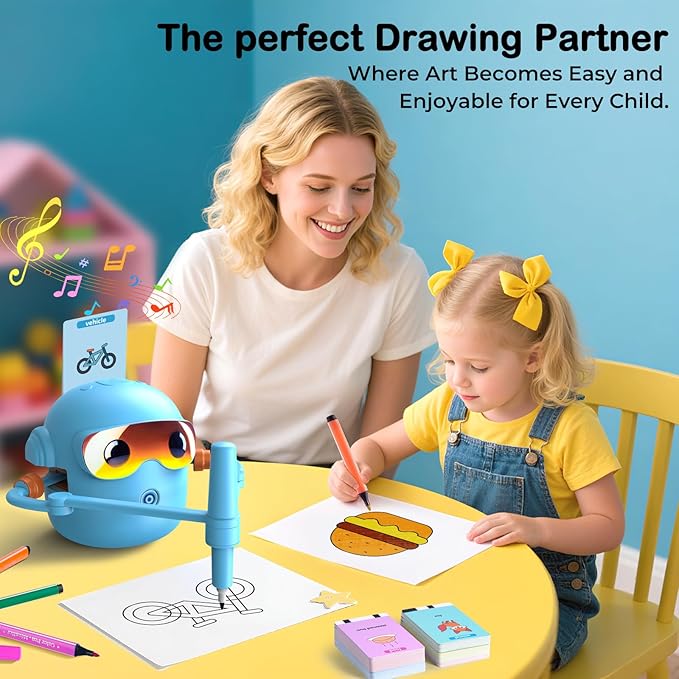 NAUQUOHZ Drawing Robot for Kids with 100 Cards, Montessori Painting Toys with Voice Interaction&16 Color Pens Educational Drawing Machine Toys for 3 4 5 6 7 8 Year Old Boys Girls