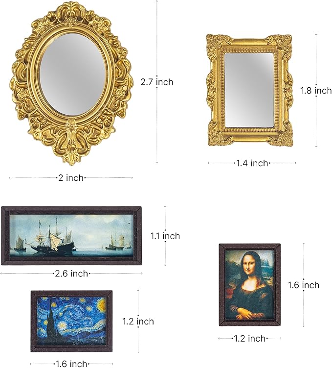 SAMCAMI Miniature Dollhouse Accessories, Mini Mirror and Mini Wall Art, 1/12 Scale Doll House Accessories and Furniture, Dollhouse Miniatures, 9 Pieces (Mini Mirror and Mini Wall Art)