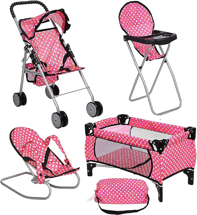 fash n kolor 4 Piece Doll Play Set, Includes - 1 Pack N Play. 2 Doll Stroller 3.Doll High Chair. 4.Infant Seat, Fits Up to 18'' Doll (4 Piece Set)