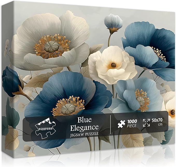 Elegant Flower Puzzles for Adults 1000 Pieces, Vintage Blue White Floral Jigsaw Puzzle, Flower Artistic Puzzle Challenge for Adults Art, Elegant Home Decor