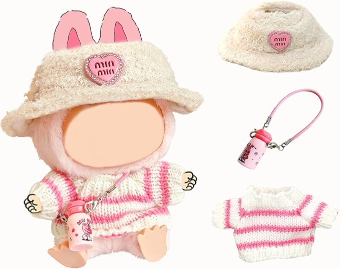 Doll Clothes for 17cm lububu, Designer Outfit Set with Hot Pink Hand-Crocheted Sweater , Hat & Mini Water Bottle Accessories,Cute Ropa Clothing for 15cm Have a Seat 2.0 Series Doll Girl Dress-Up