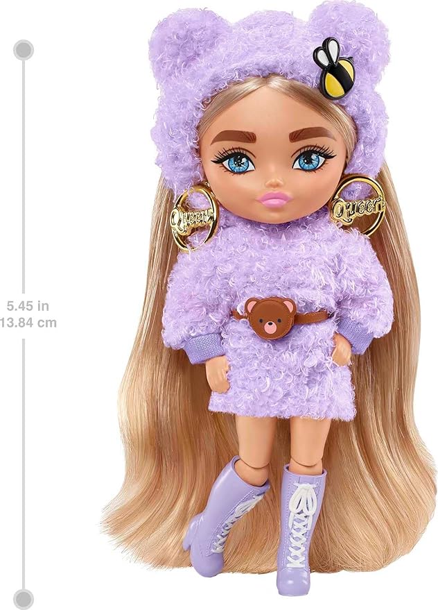 Barbie Extra Minis Doll #4 (5.5 in) Wearing Fluffy Purple Fashion, with Doll Stand & Accessories Including Teddy Ears and Sunglasses, Gift for Kids 3 Years Old & Up