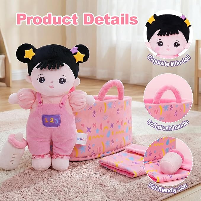 OUOZZZ 10" Soft Baby Doll Set with Plush Doll, Bassinet, Blanket and Bottle, Pretend Playset for Emotional Social Education Asian Doll for 2 Year Olds Girls Perfect Birthday Toy