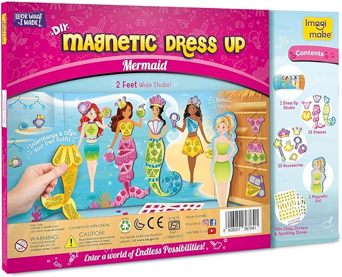 Imagimake DIY Magnetic Dress-Up Mermaid | 30 Magnetic Dresses & Accessories |Mix & Match Pretend Play Magnetic Toys for Girls | Easter Basket Stuffers | 3,4,5,6 & 7 Year Old Girl Birthday Gifts