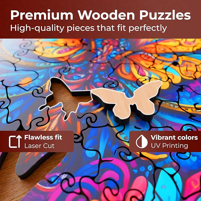 CRAFTHUB Animal Wooden Puzzles for Adults – A4 Galaxy Butterfly with 75 Pieces Wood Puzzles – Jigsaw Puzzles with Unique Animal Shapes – 9.1" x 7.6"