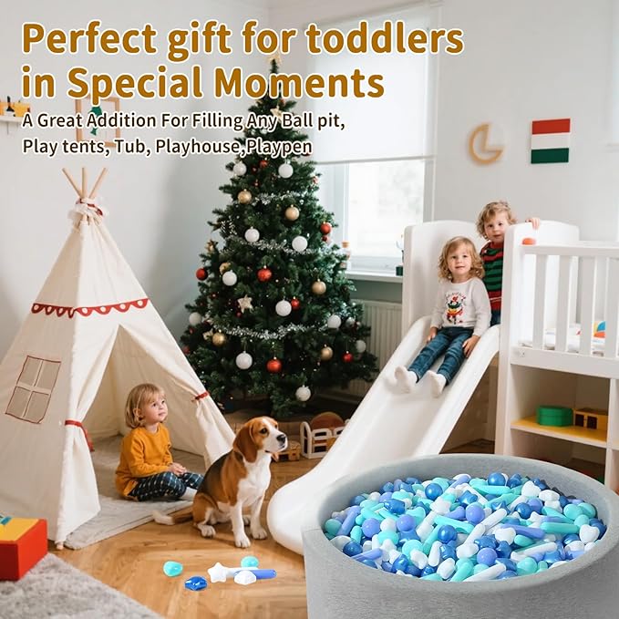 STARBOLO 150 Pcs Ball Pit Balls Stars Hearts Strips, Blue Balls for Ball Pits, Children's Pool Water Toys for Baby Pool, Play Toy Balls for Kids Toddler Birthday Party Decoration