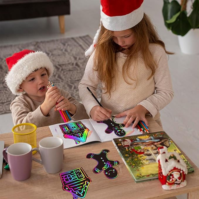 JarThenaAMCS 60 Pcs Christmas Scratch Paper Craft Kits Gingerbread Scratch Cards Ornaments with Ribbon & Wood Styluses for Xmas Party DIY Crafts Painting Supplies