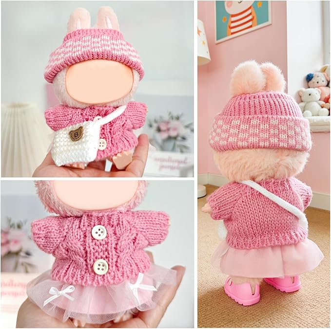 17cm Doll Clothes for Lububu,Outfits Set with Hand-Crocheted Pink Sweater, Hat, Skirt, Shoes and Bag, Designer Clothing and Accessories for Macarons Series Dolls Dress-Up(Pink Sweater Skirt)