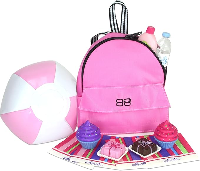 Sophia's 8 Piece Beach Day Backpack with Accessories and Treats Set for 18'' Dolls, Pink