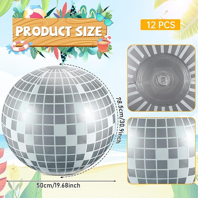 12 Pcs Inflatable Beach Ball Disco Theme Party Decoration Inflatable Disco Ball for Summer Pool Indoor Outdoor Beach Sports Theme Decor Gift
