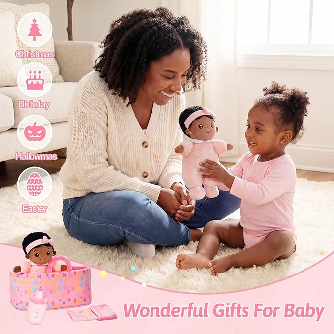 OUOZZZ 10" Black Baby Doll for 2 Year Old Girls Set with Soft Doll, Bassinet, Blanket and Bottle, Interactive Pretend Playset for Social Emotional Learning, Birthday Gift for 2 Year Olds Girls