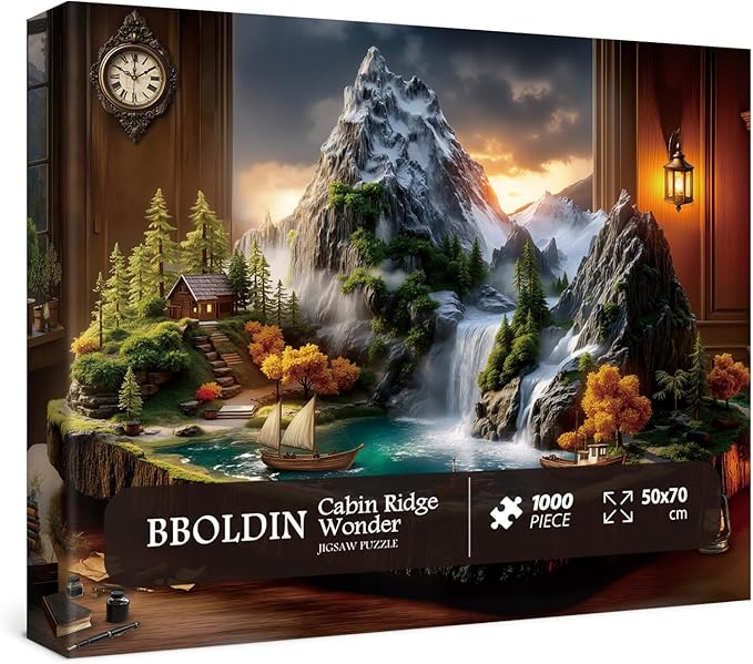 Cabin Mountain Landscape Puzzles for Adults 1000 Pieces, 3D Nature Lake Scenic Jigsaw Puzzle, Fantasy Waterfall Boat Puzzle