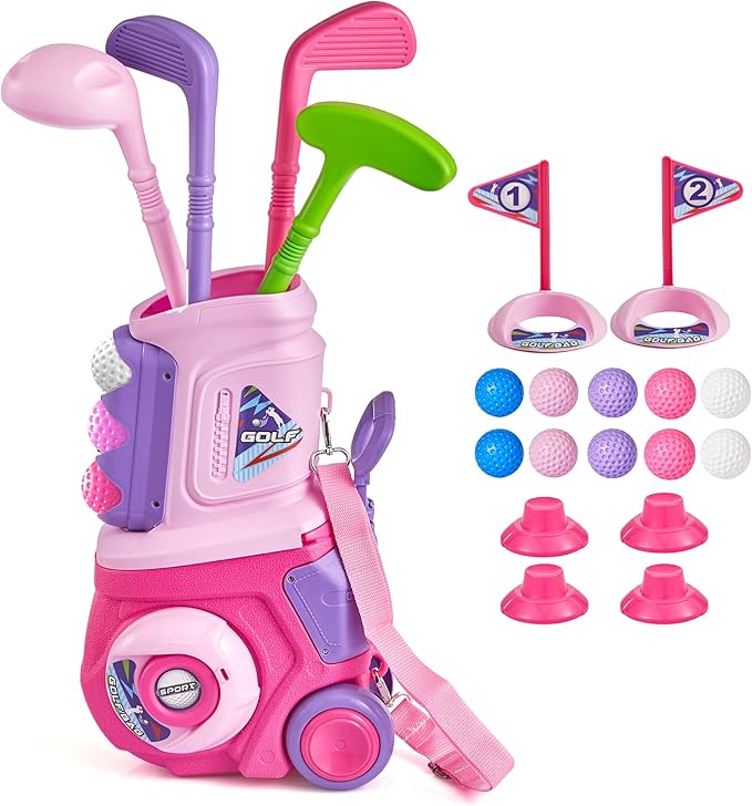 PJG Toddler Golf Set, Plastic Kids Golf Clubs Ages 1 2 3 4 5 Years Old with 4 Golf Clubs and 10 Balls, Indoor and Outdoor Golf Toys with Cart for Boys Girls Birthday (Pink)
