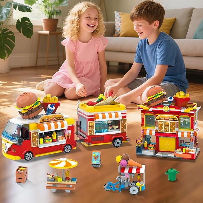 HOGOKIDS City Burger Truck House Building Toy - 2 in 1 Burger Van and Restaurant Building Blocks Set Mobile Ice Cream Food Cart Tables Restaurant Playset Valentines Gift for Kids Boys Girls 6+(826PCS)