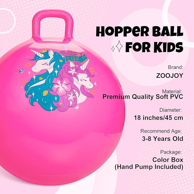ZOOJOY Hopper Ball, Pink Bouncy Balls for Kids, 18 Inch Sit on Jumping Toys with Handle for Girls Gift Aged 3-8, Inflatable Unicorn Bounce Hopper Balls Toy with Pump