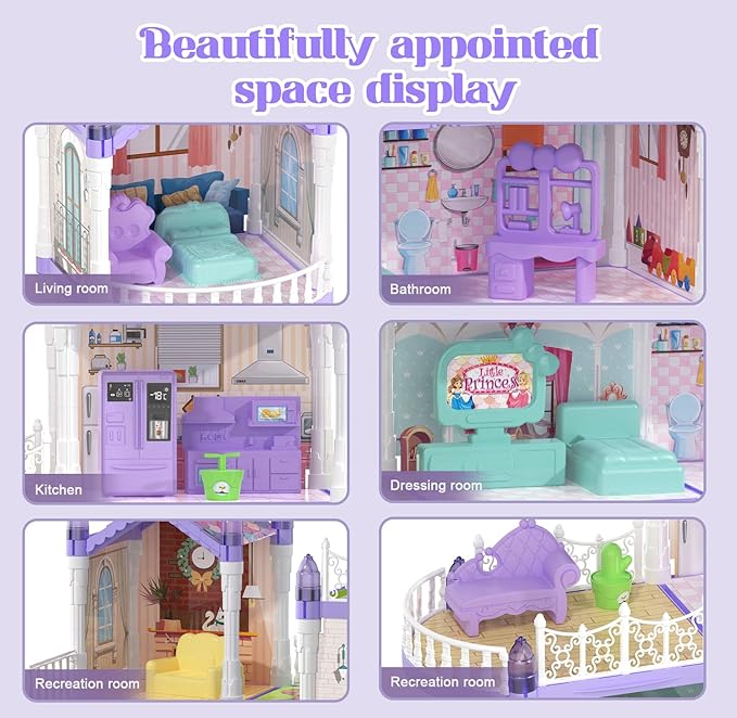 Lilac Purple Doll House for Girls, Dream Dollhouse 9 Rooms with 2 Dolls, 4 Unicons,Lights, Furniture and Accessories, Pretend-Play Toddler Playhouse Gift 3+ Year Old Girls Toys