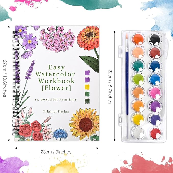 Watercolor Workbook,16 Colors Watercolor Paint Set with Brush Palette,15 Flower Patterns of Original DIY Designs,Beginner-Friendly Water Color Workbooks,Water Coloring Book for Adults