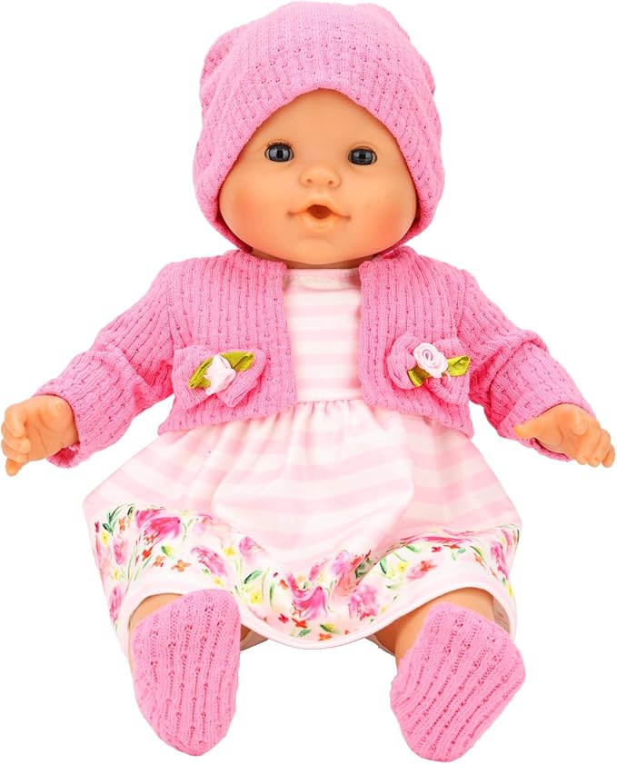 4 Sets Baby Doll Dress Knitted Hat Outfit Dolls Accessories with Baby Doll Socks for 14 Inch to 17 Inch Dolls (Pink and Flowers Style)