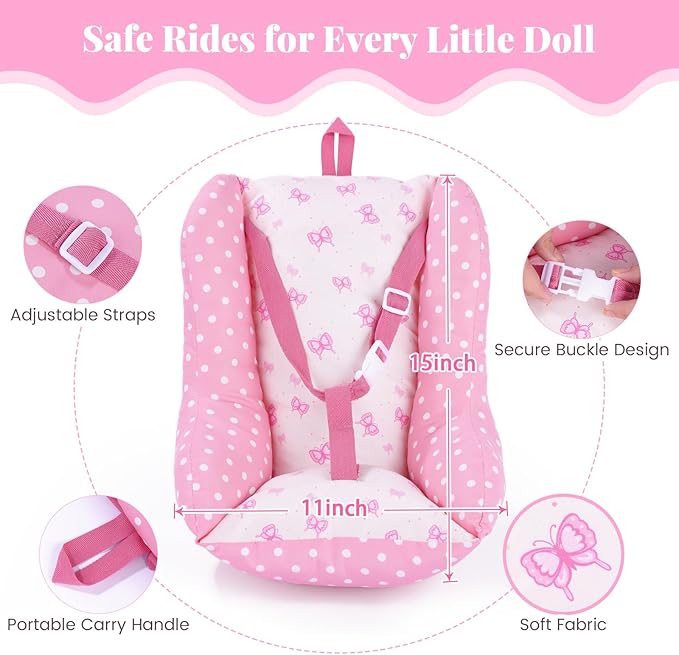 BABESIDE Baby Doll Carrier for 17–22 Inch Dolls, Soft Fabric Doll Carrier Seat with Bottles & Bib, Pretend Play Baby Doll Accessories for Girls, Lightweight Gift for Kids