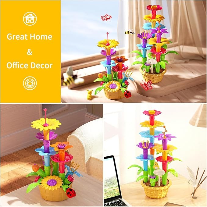 TEMI 138 PCS Flower Garden Building Toys for Girls Toys, Educational STEM Toy and Preschool Garden Play Set for Toddlers 3 4 5 6 7 8 Year Old Kids Boys Girls, Flower Stacking Toys for Kids Age 3-6