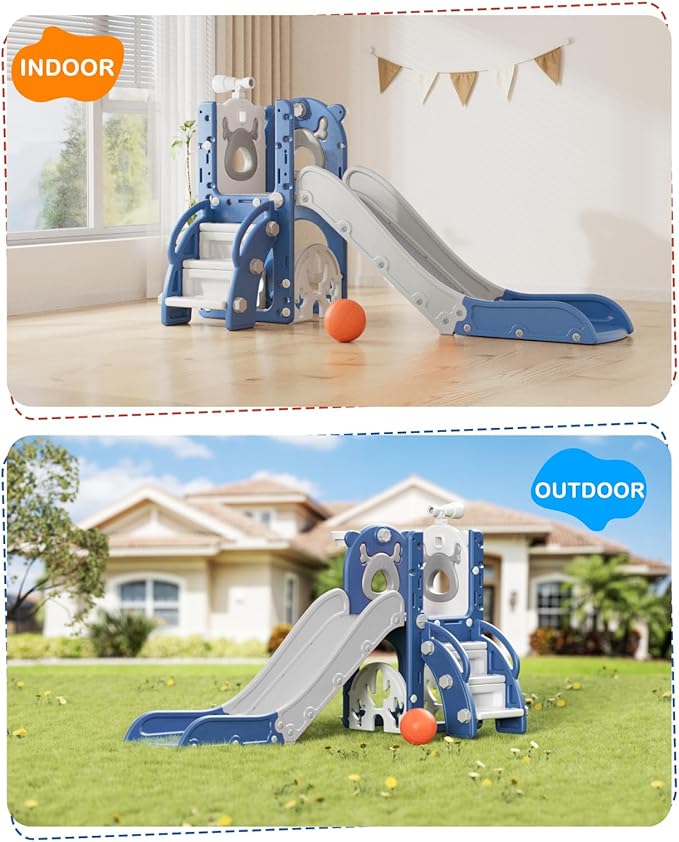 XJD 7 in 1 Toddler Slide, Kids Indoor Slide for Toddlers 12 to 36 Months, New Upgrade with Golf, Basketball Hoop for Indoor Outdoor Playset, Birthday Gifts for Toddler (Blue Gley)