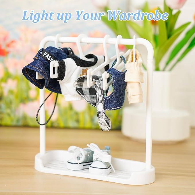 Doll Clothes for 17cm Labubu,Cool Causal Outfit Accessories Clothing for 17cm/6.7inch Doll-Jean Bucket Hat+T-Shirts+Cowboy Vest+Khaki Pants+Canvas+Waist Scarf (White)