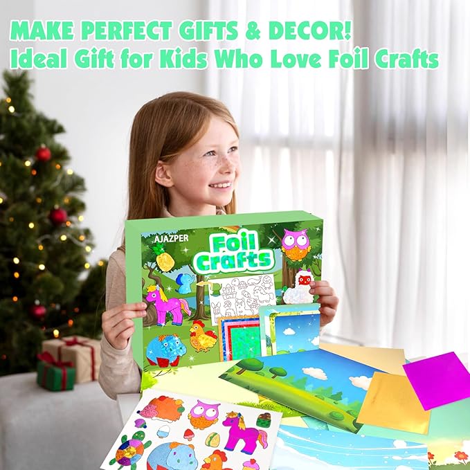 AJAZPER Foil Crafts for Kids, Arts Kit for Kids, Art & Craft Supplies Kits, DIY Creative Activity Travel Toy Gift, Ideal Birthday Christmas Party Favor Gifts for Girls Boys Ages 4+ (Green)