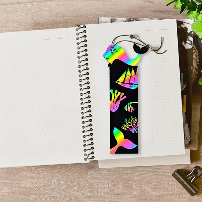 60PCS 6Style Scratch Paper Art Bookmarks Magic Scratch Rainbow Bookmarks Making Kit DIY Bookmarks Bulk with Scratching Tools Ribbons for Party Favors Activities