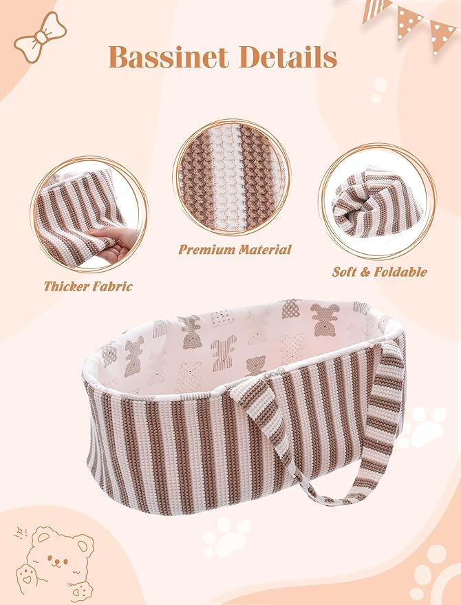 10 Pcs Baby Doll Accessories, Reborn Baby Doll Clothes with Bassinet for 17-22 Inch Realistic Baby Dolls, Pretend Play Outfit Set