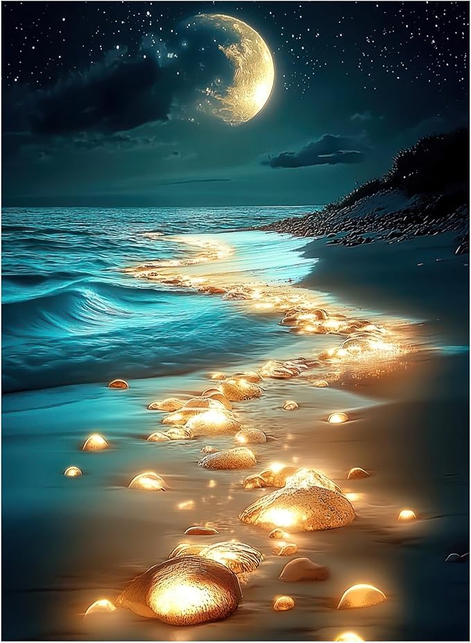 500 Piece Puzzles for Adults, Beach Night Landscape Jigsaw Puzzle with Glowing Stones & Moon, Cardboard Puzzle with Letters on Back for Game Nights & Home Decor, 15×20.5 Inch