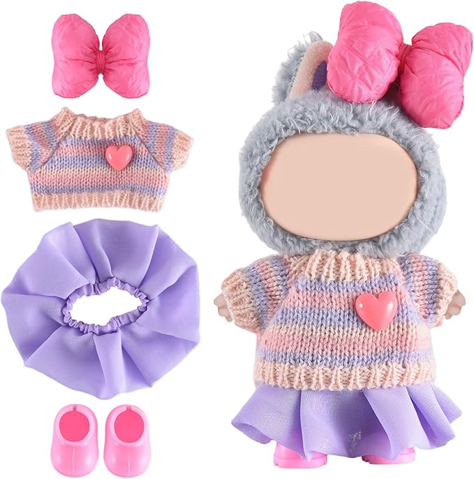 Doll Clothing for Labubu, Premium Outfits for Labubu Dressing up, Handcrafted Crochet Doll Accessories for Labubu with Sweater, Skirt, Boots(Purple)