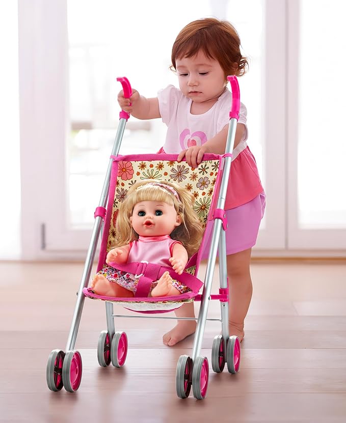 GAGAKU Baby Doll Stroller Playset with 12-inch Doll & Accessories, Foldable Lightweight Toy Stroller for Toddler Girls Kids Ages 1-6, 12" Baby Doll and Accessories Included - Daisies Pattern