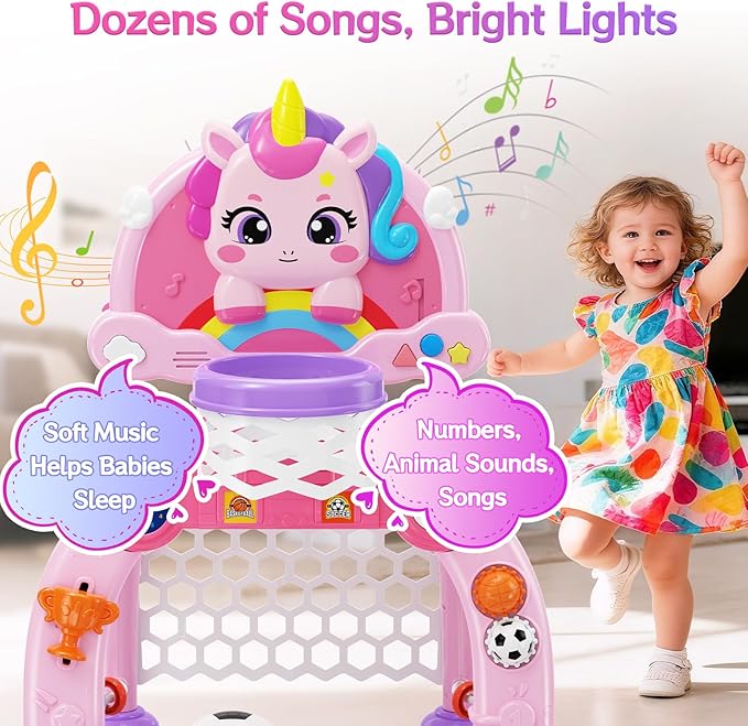 Unicorn Toddler Basketball Hoop & Soccer Goal with Light & Music, 2-in-1 Sports Toy for 1-3 Year Old Boys & Girls, Toys for 1+ Year Old Girls, Birthday for Baby Kids