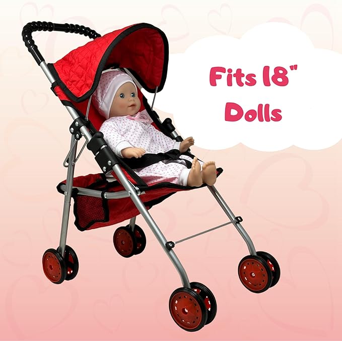The New York Doll Collection My First Doll Stroller with Basket, Foldable Doll Stroller (Red Quilted)
