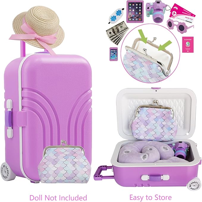 Srua Don 18 Inch Doll Suitcase Travel Luggage Play Set, Mermaid Theme Travel Carrier Storage Accessories for 18inch Doll, Include Case, Clothes, Hat, Sunglasses, Camera, Pillow, Toy Pet