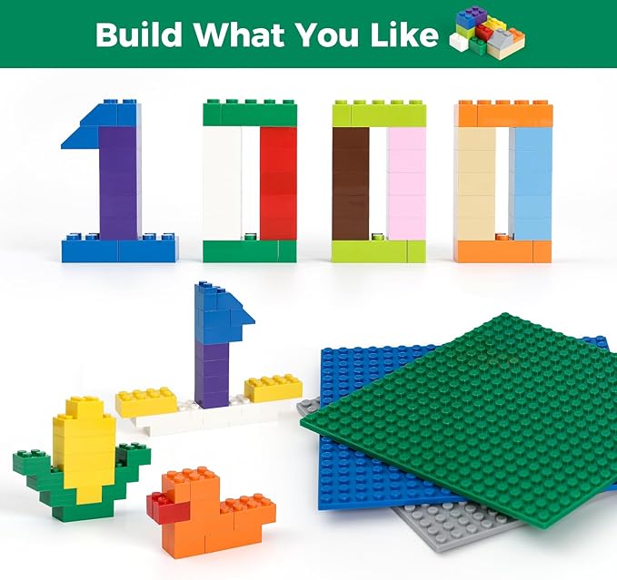 1000 Pieces Building Blocks, Classic Stackable Base Plates, 3 6.3" x 6.3" Blue, Gray and Green Base Plates, Compatible with All Major Brands