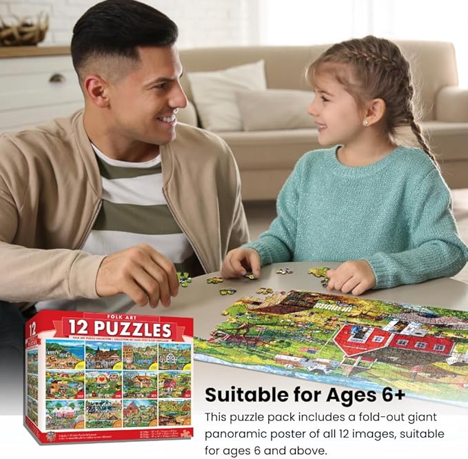MasterPieces – Jigsaw Puzzle 12-Pack Bundle Set, Fun for Adults and Family, Folk Art Collection, (4) Round 100 Piece, (4) 300 Piece, (4) 500 Pieces