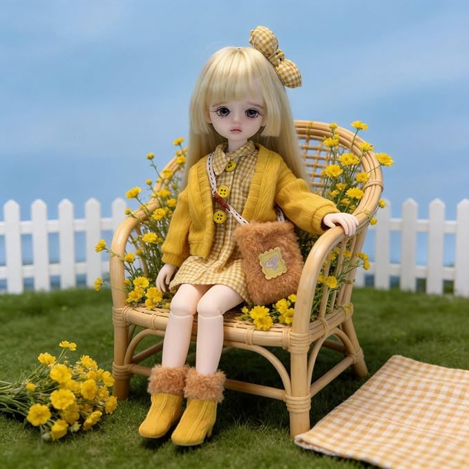 30cm YoSD 1/6 BJD Doll Clothes Set - Yellow Plaid Dress, Knit Cardigan, Bow Headband, Fuzzy Bag & Socks, Doll Accessories