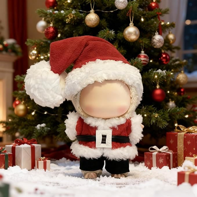 Christmas Clothes for LABUBU 17cm Doll (NO Doll) - 4 Set Handmade Crochet Holiday Outfit with Santa Hat, Top, Black Belt & Cute Pants Accessories (Santa Claus)