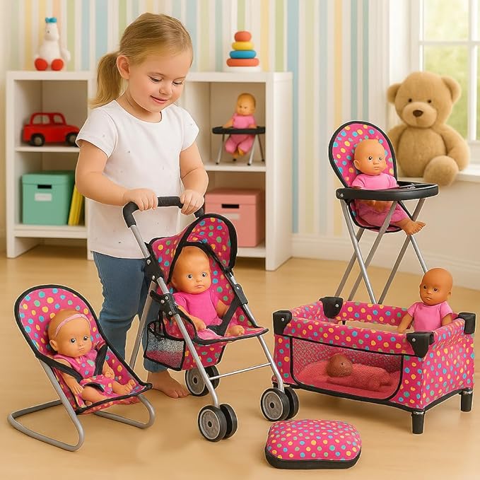 fash n kolor 4 Piece Doll Play Set, Includes - 1 Pack N Play. 2 Doll Stroller 3.Doll High Chair. 4.Infant Seat, Fits Up to 18'' Doll (4 Piece Set)