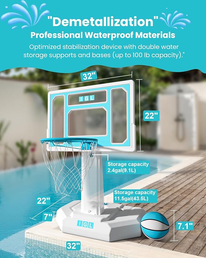 IGL Pool Basketball Hoop Outdoor, Outdoor Poolside Basketball Hoop, Base & Stand Double Water Storage with 2 Ball & Inflator, Stainless Steel Basketball Rim, Fixed Height