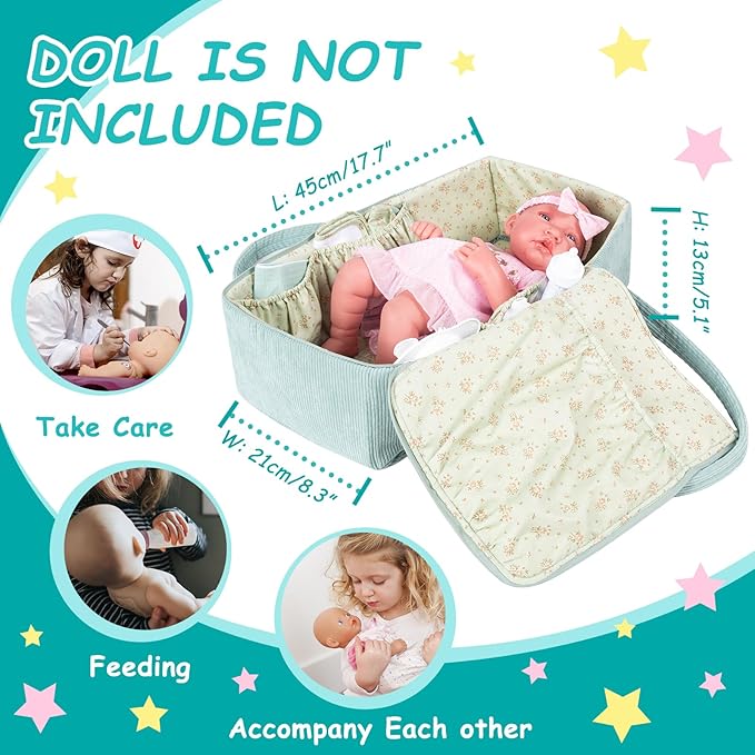 Rakki Dolli Doll Carrier Doll Carry Cot Carry Crib Set with Feeding Utensils Feeding & Changing Accessaries 7 Pieces Set, Fits for 16-18 Inch American Girl Dolls