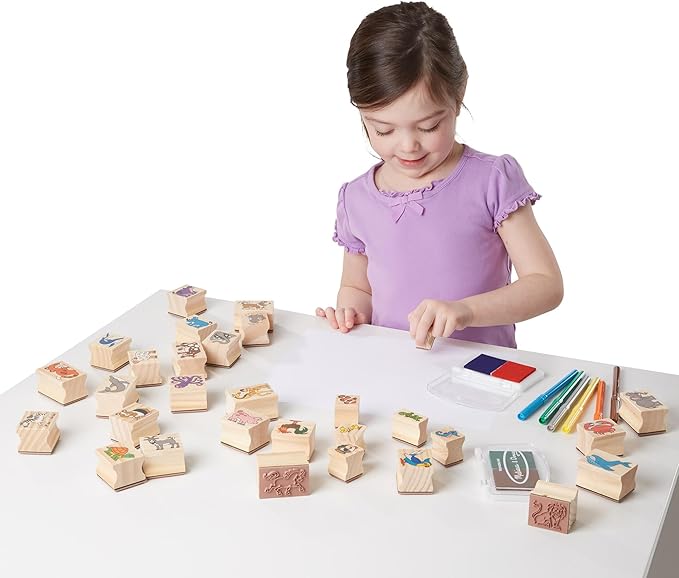Melissa & Doug Deluxe Wooden Stamp Set: Animals - 30 Stamps, 6 Markers, 2 Stamp Pads Kids Art Projects, Wooden Stamps with Washable Ink, for Kids Ages 4+