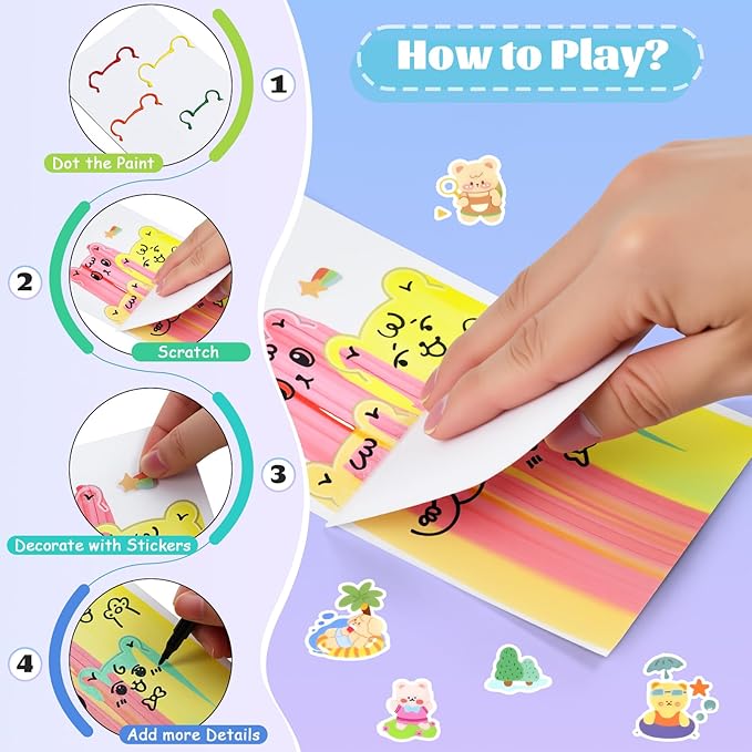 GAKICO Rainbow Scratch Art for Kids: Creative Squeegee Painting Kits, Rainbow Scratch Paper Art Set, Squeeze Magic Reveal Craft Kits, DIY Postcards Party Favors Novelty Gifts for Girls Boys