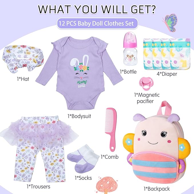 17-22 Inch Reborn Baby Doll Clothes with Cute Backpack Reusable Diapers Doll Accessories Set Newborn Girl Dolls Outfits Silicone Doll Clothing 12 Pieces