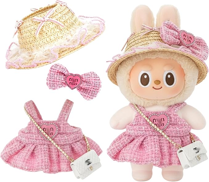Doll Clothing Set (No Doll), Cute Cropped Straw Hat, Crossbody Bag, Dress, Suitable for 15-17cm Dolls, Outfit Accessory Set for Unique Styling (Pink-MIU)